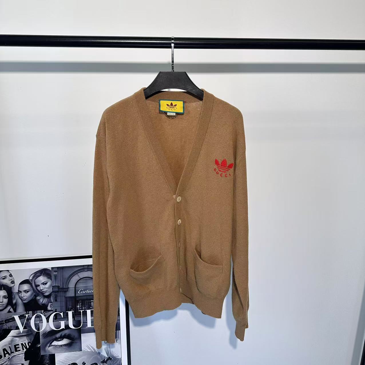 99新 GUCCI/古驰 Adidas联名款卡其色针织开衫/M码