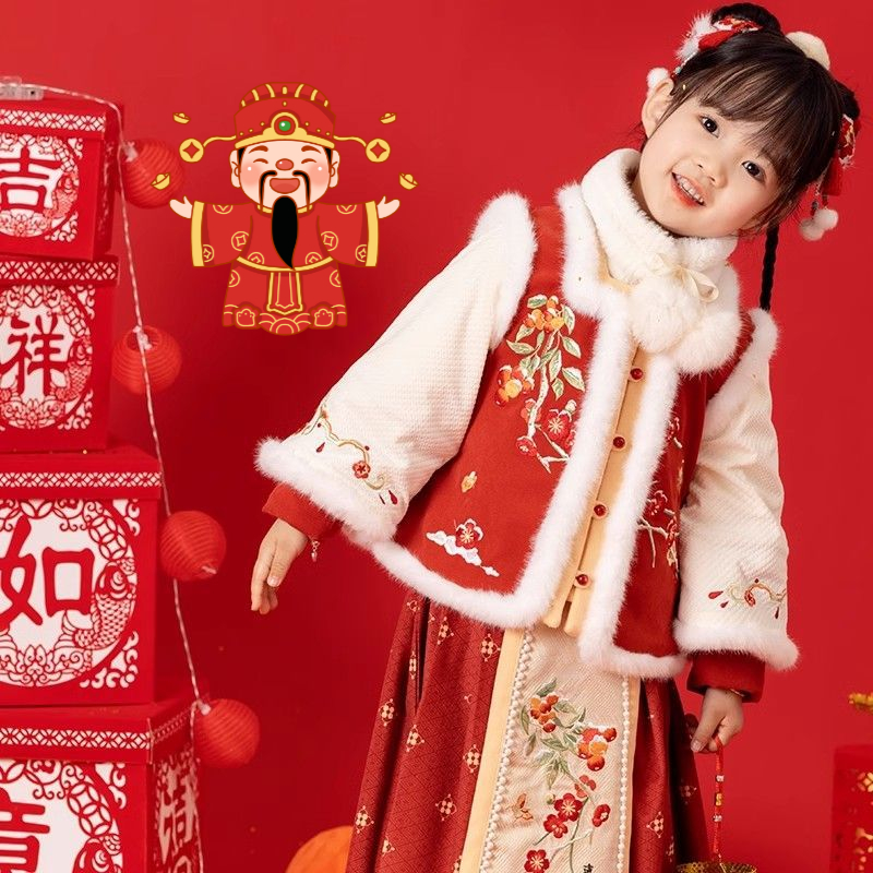 连衣裙套装宝宝红色古装秋冬冬季冬款中国风儿童女童加绒加厚保暖