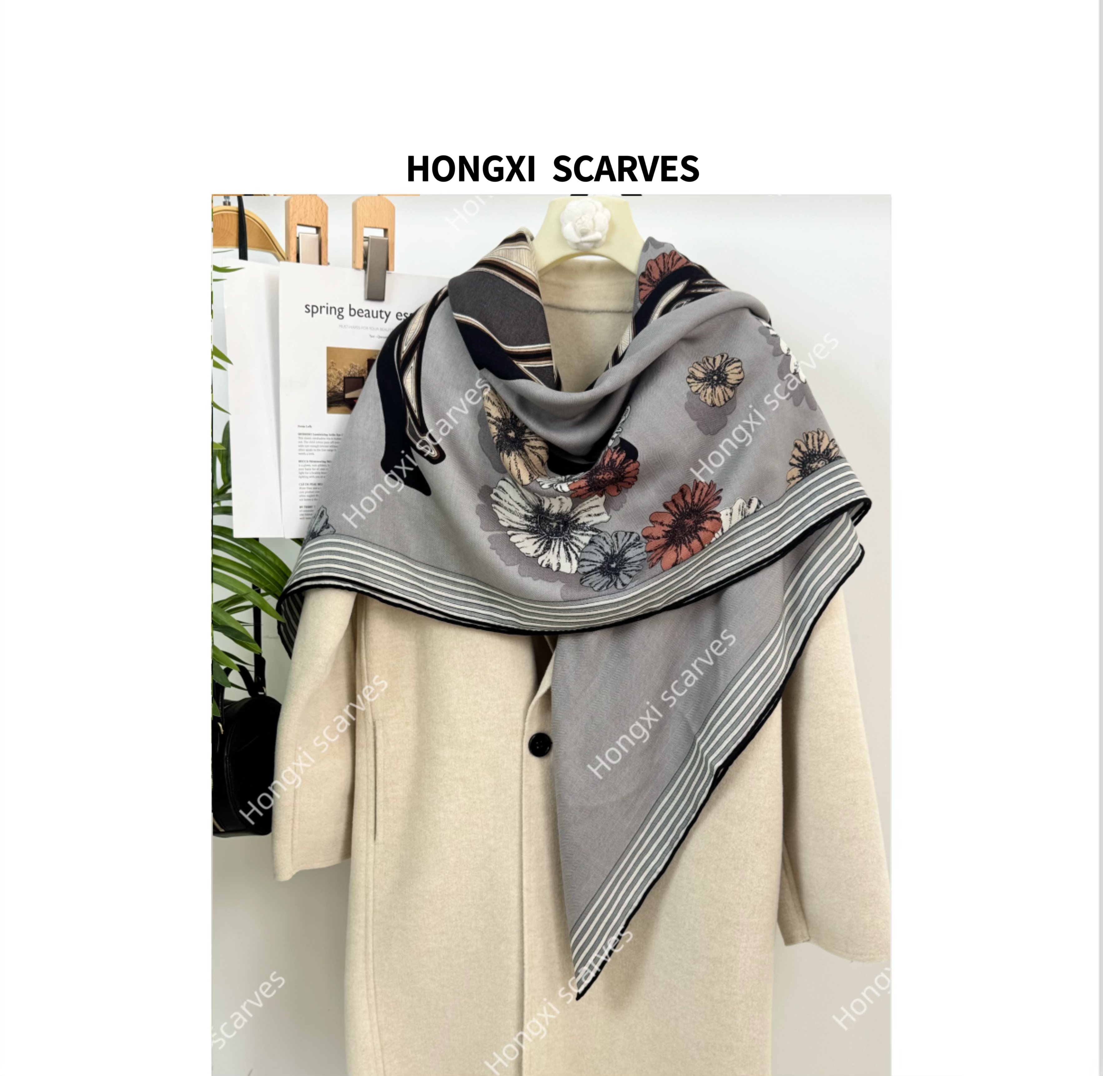 真丝羊毛单面鲜花马驹130方巾手工卷边围巾丝巾大披肩空调毯H131