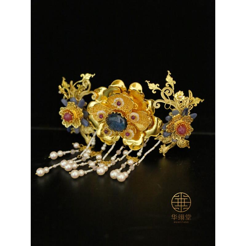 铜合金婚庆饰品 华翊堂原创花丝宝石花蝶栖凤后压新娘汉服发簪