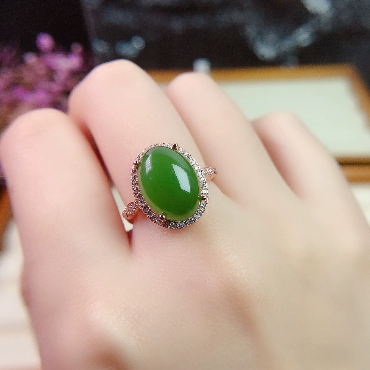 碧玉925银戒指和田玉碧玉戒指女款戒指首饰饰品