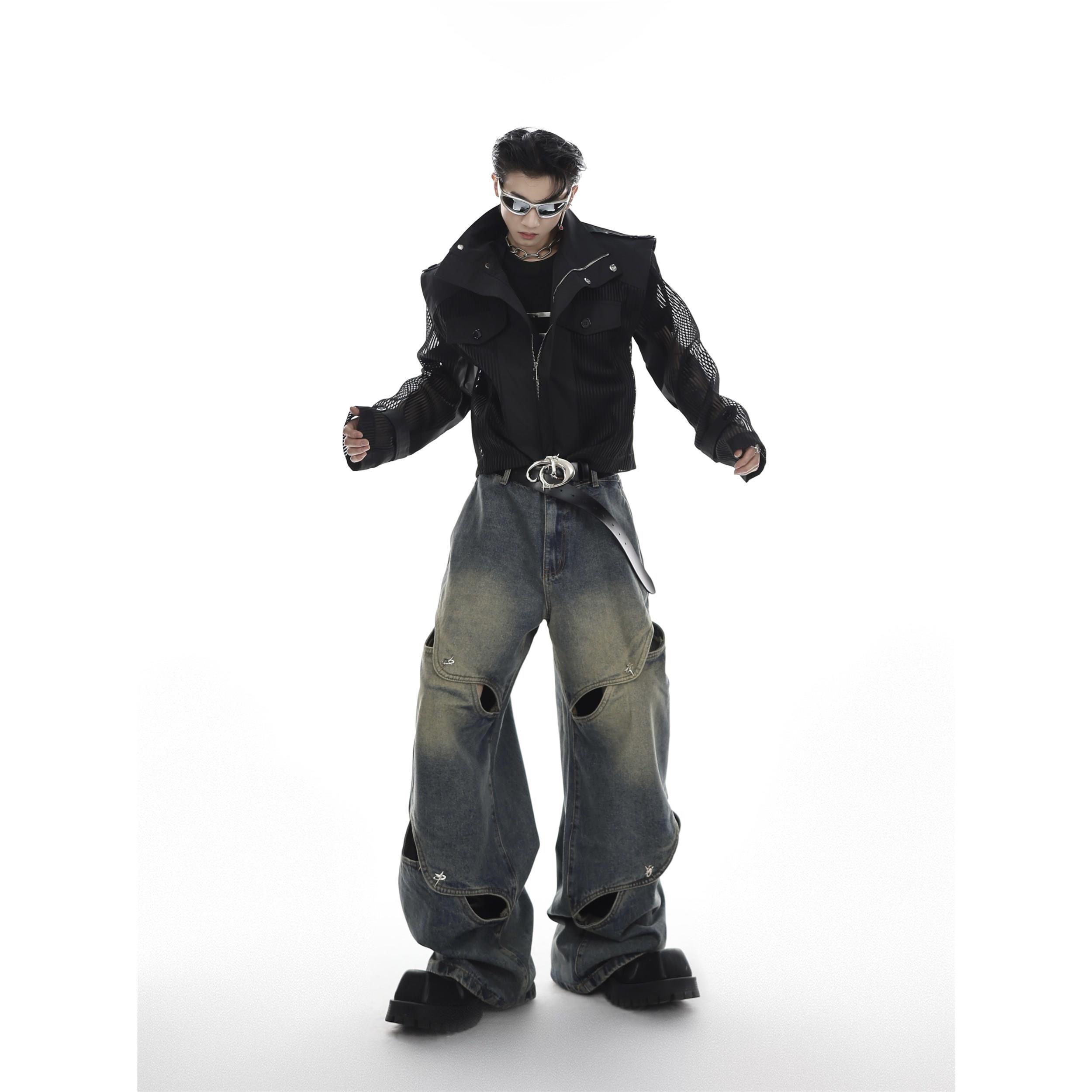 润赐小众解构金属纽扣设计感阔腿牛仔美式牛仔裤黑色破洞个性暗黑