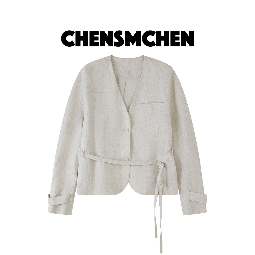 CHENSMCHEN 莱赛尔纤维无领长袖系带西装女宽松显瘦外套C24W063MN