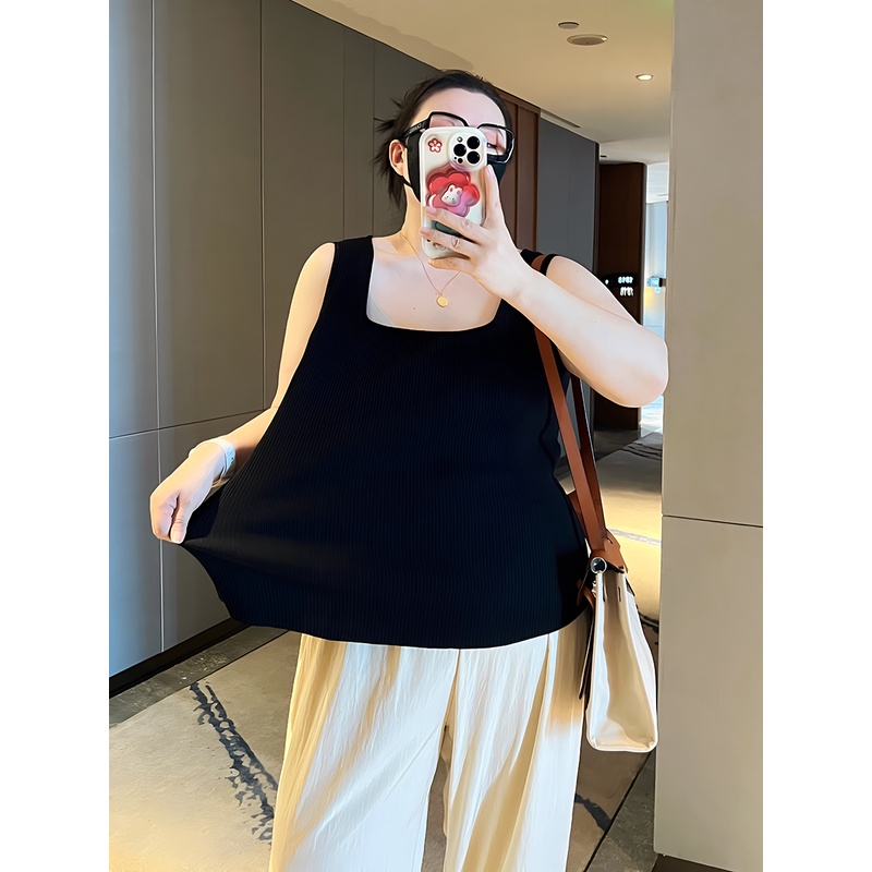 胖mm春季新品百搭多色宽肩带U领内搭背心宽松通勤针织遮肉吊带女