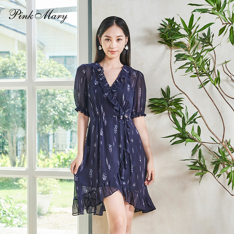 Pink Mary/粉红玛琍夏季桑蚕丝印花印花遮肚连衣裙PMALS5160