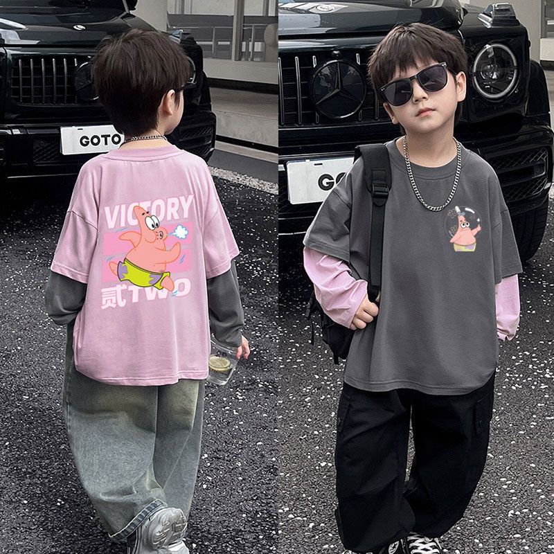 男童春秋新款假两件纯棉长袖t恤男孩宝宝帅气卡通撞色百搭打底衫