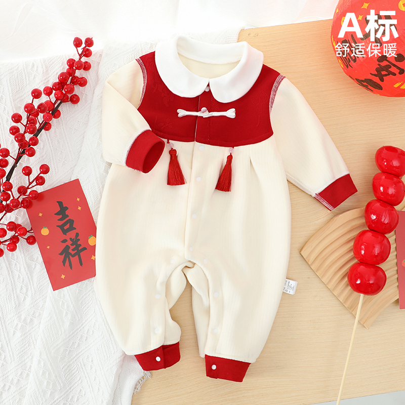 婴儿衣服秋冬款加绒国风男女宝宝一体绒儿童保暖连体衣红色婴幼儿