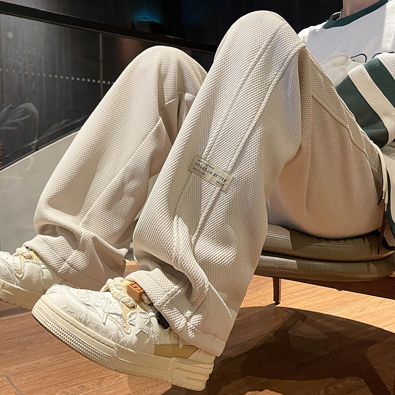 2024春季休闲裤美式菠萝格华夫格百搭休闲直筒裤男潮流大码拖地裤