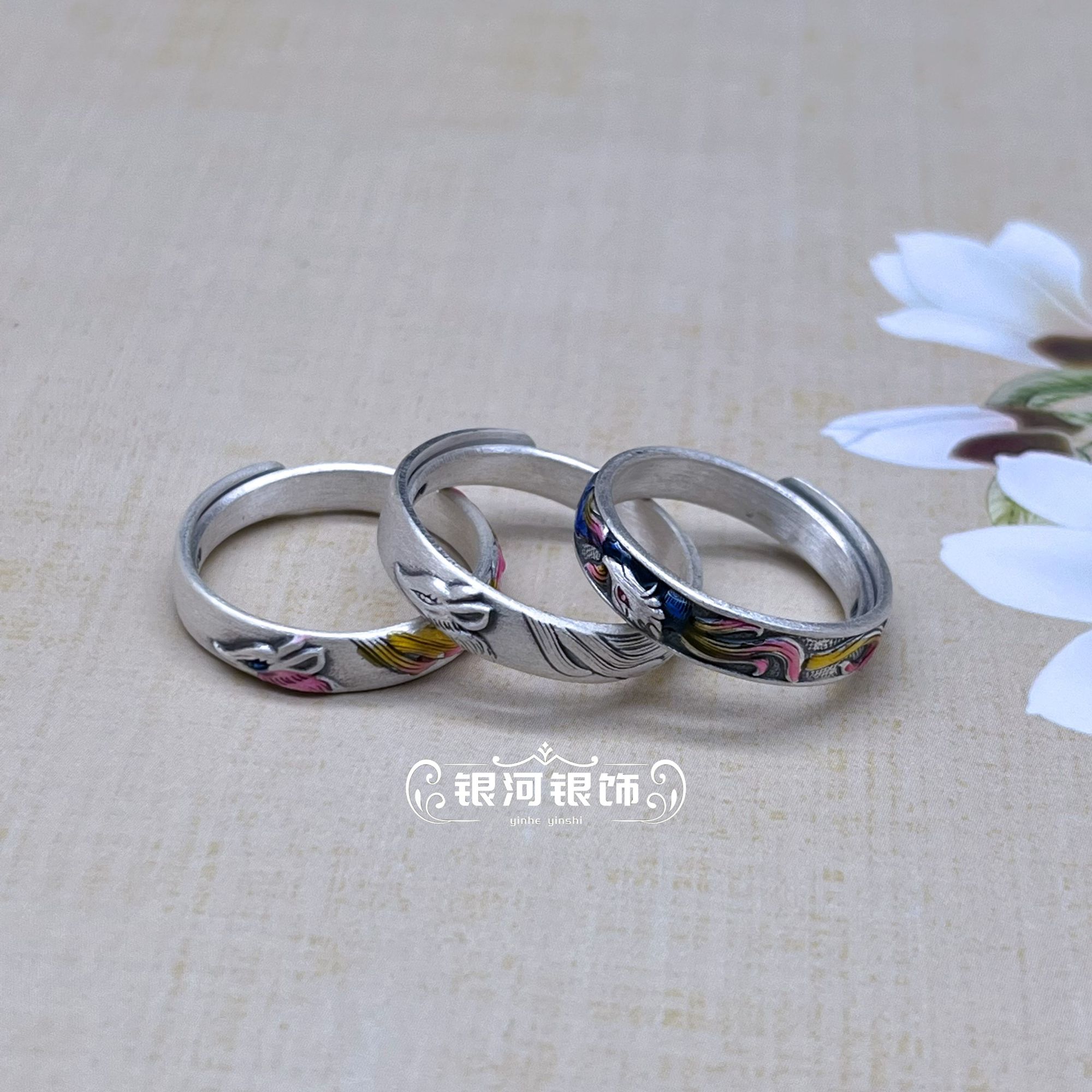 足银珐琅戒指 灵狐戒指【足银999】九尾狐复古国风款银饰戒指男女