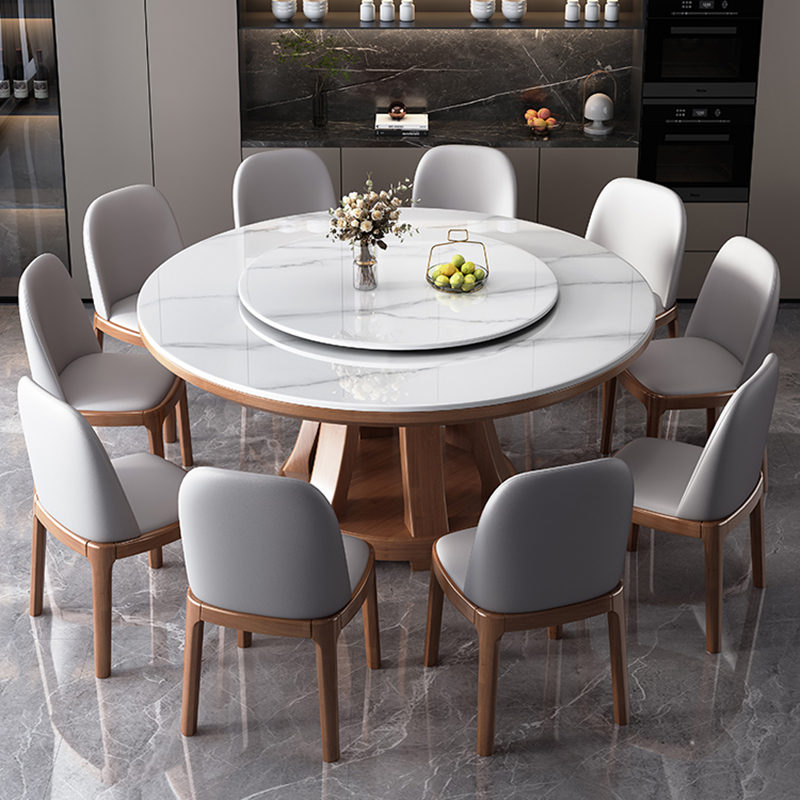 实木岩板餐桌圆形家用吃饭桌子意式现代简约高端岩板大圆桌带转盘