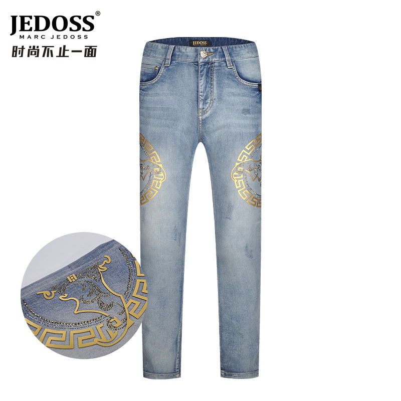 JEDOSS/爵迪斯男装夏季新款双LOGO立体烫金修身牛仔长裤潮牌直筒