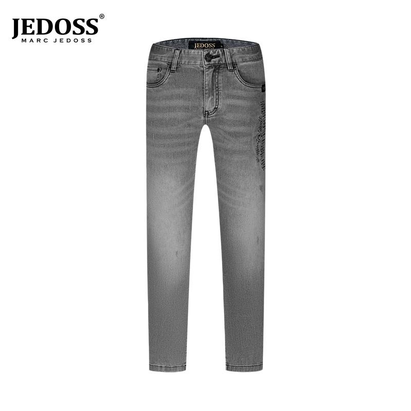 JEDOSS/爵迪斯男装夏季新款字母压凸修身小直筒牛仔裤YL112B
