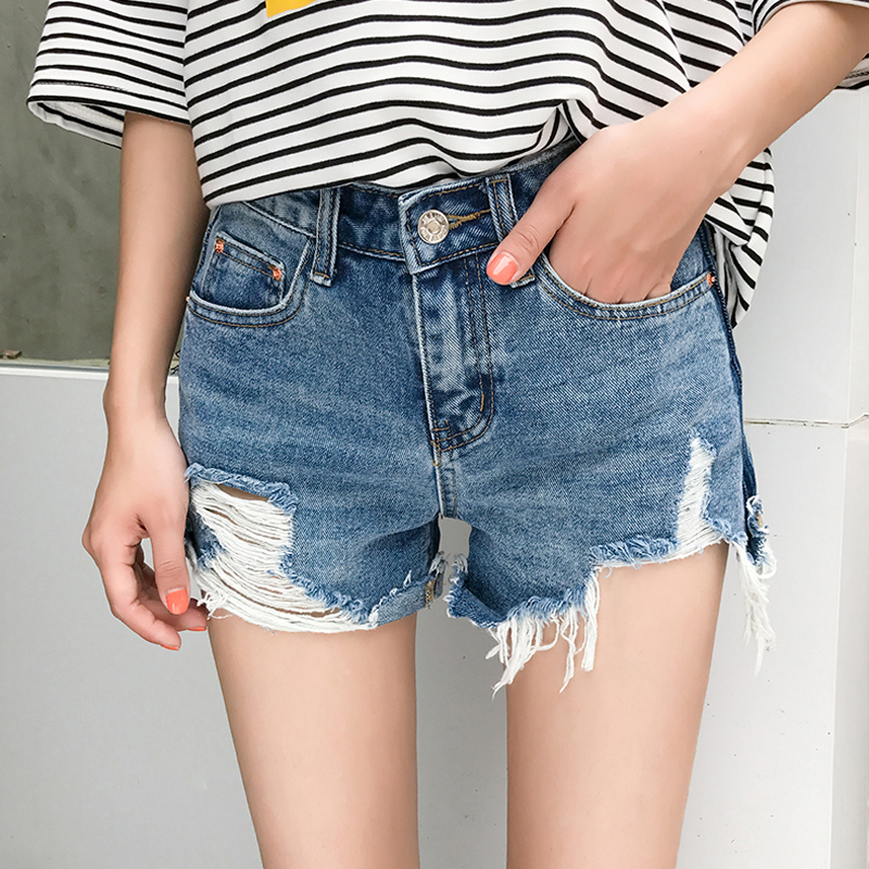 新款时尚破洞牛仔裤短裤大码显瘦百搭夏季外穿宽松韩版毛边