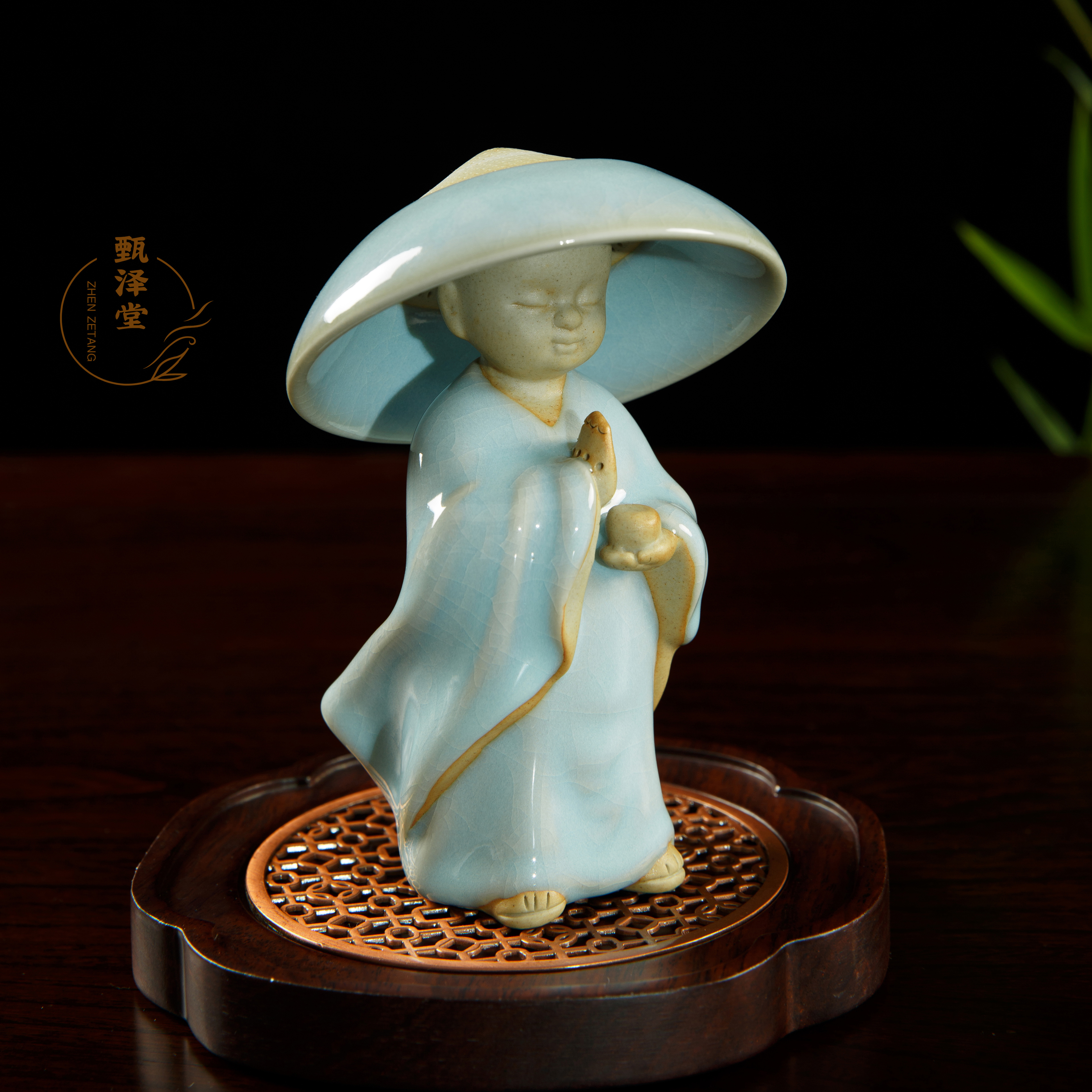 甄泽堂·天青原矿小和尚茶漏摆件两件套陶瓷禅意汝窑（送禅定杯）
