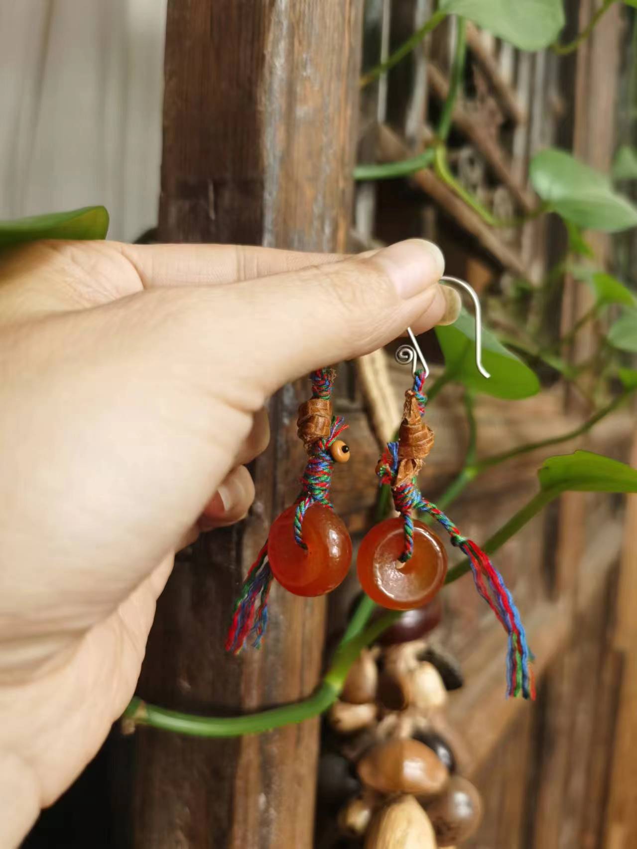 非金属皮质耳饰 手工编织平安扣耳饰