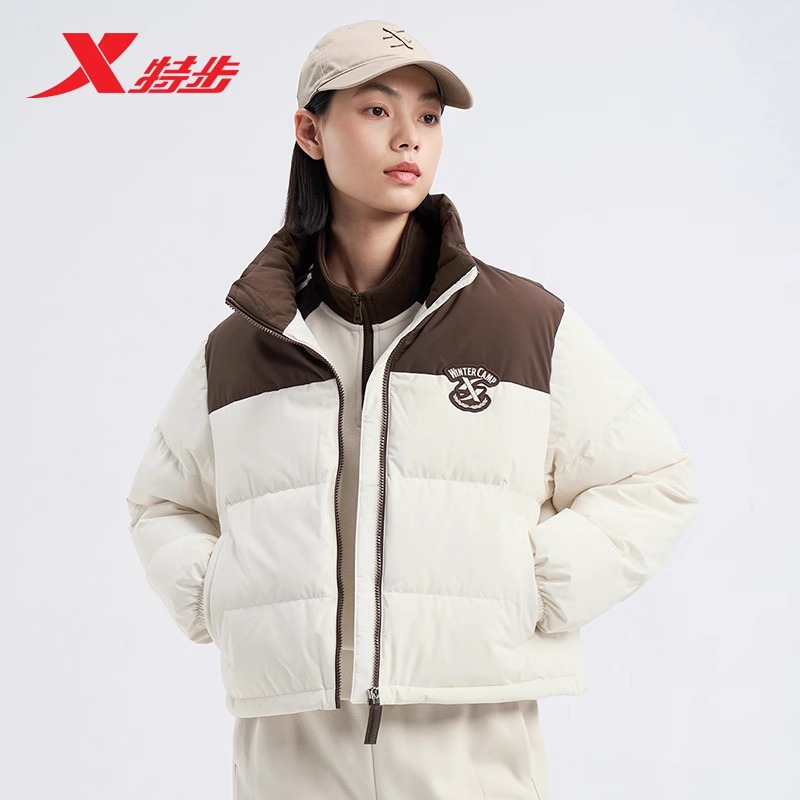 特步短款鸭绒保暖立领羽绒服冬季新款女子休闲时尚运动外套