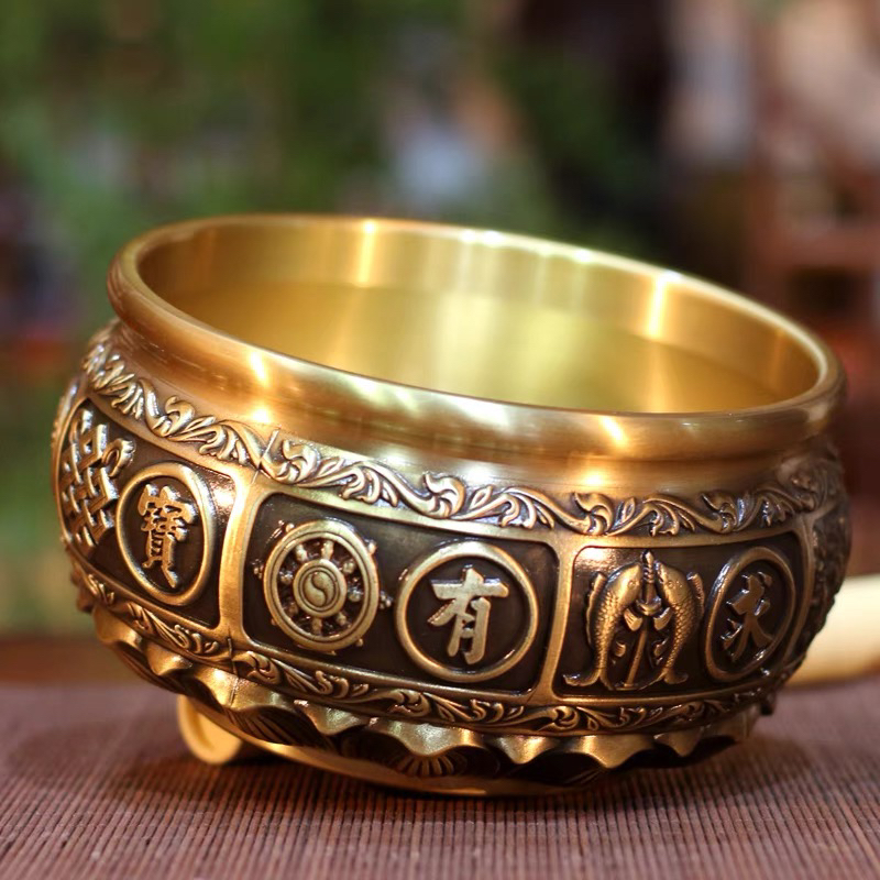 巨大号实心纯黄铜材质八宝家用室内平底肚子直径25.8厘米香炉