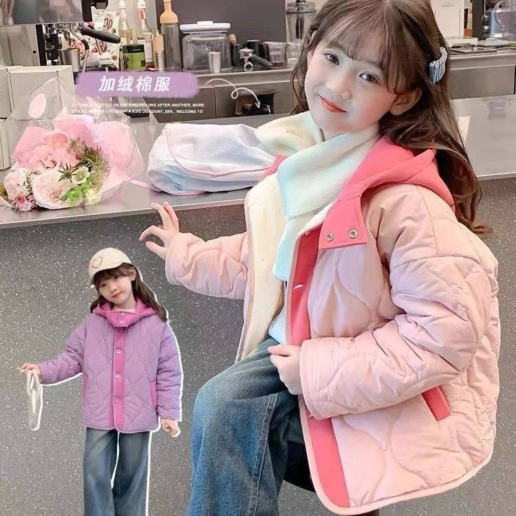 女童服秋冬夹童装新款儿童冬装加绒外套女孩冬季连帽衣TD