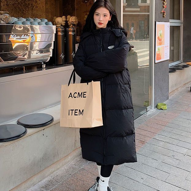 黑色长款羽绒棉服女2023冬季新款韩版棉袄女宽松连帽加厚棉衣外套