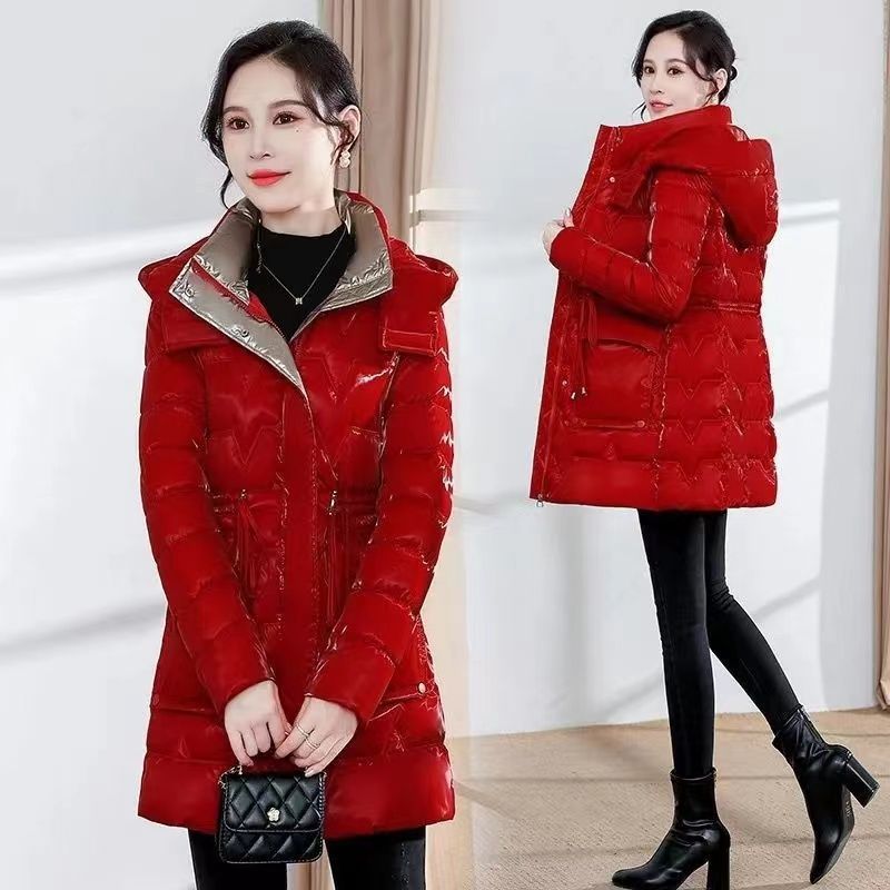 亮面免洗珠光炫彩羽绒棉服女中长款秋冬新款加厚修身显瘦棉服棉袄