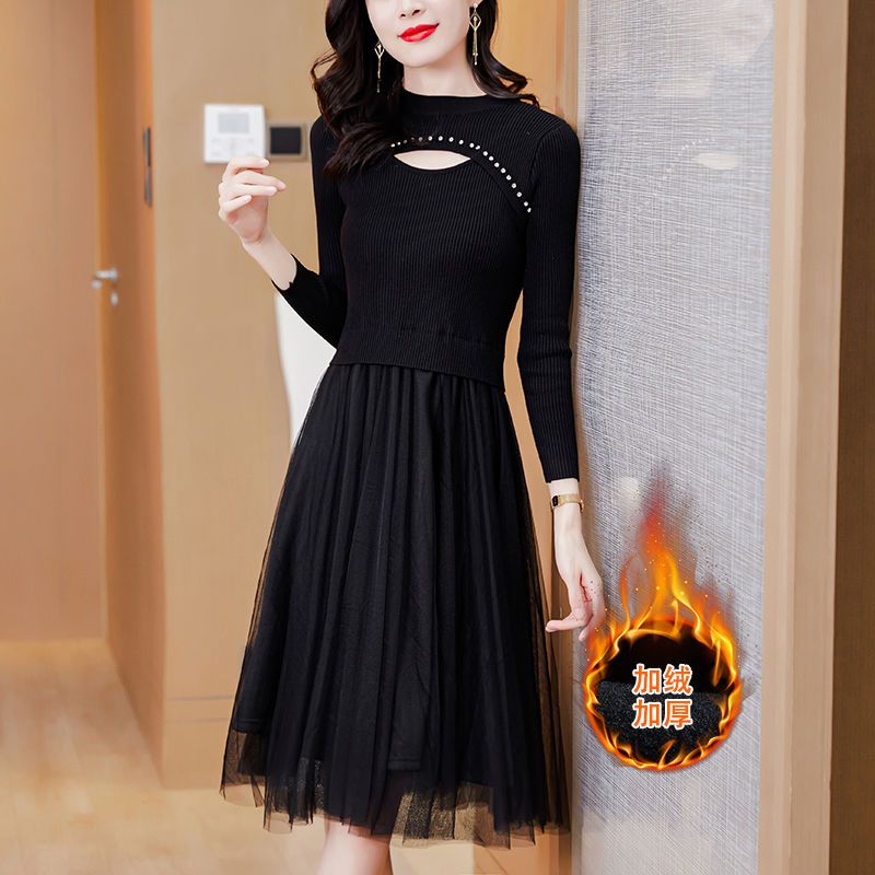 时尚拼接加连衣裙2023秋冬新款时尚大码胖mm气质收腰假两件裙子