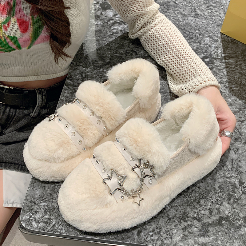红蜻蜓牌厚底毛毛鞋女秋冬外穿加绒棉鞋一脚蹬皮毛一体雪地靴乐福