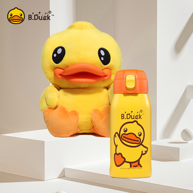 小黄鸭儿童保温杯316不锈钢毛绒公仔带吸管水杯宝宝水壶礼盒