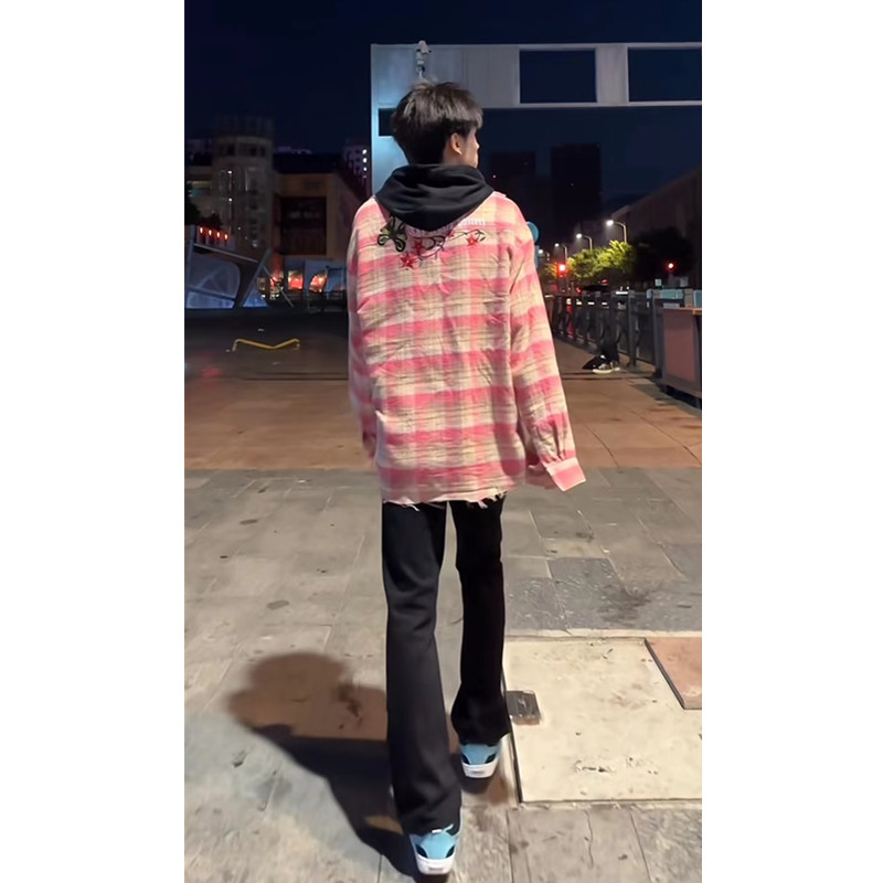 抖音网红潮男穿搭秋季格子衬衫时尚港风休闲衬衣毛边下摆宽松加sc