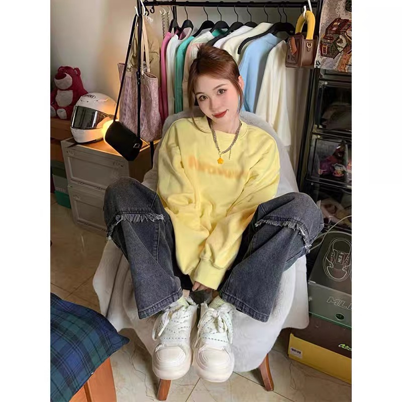 oversize奶黄慵懒风圆领卫衣女士宽松春秋季美式复古百搭潮牌上衣