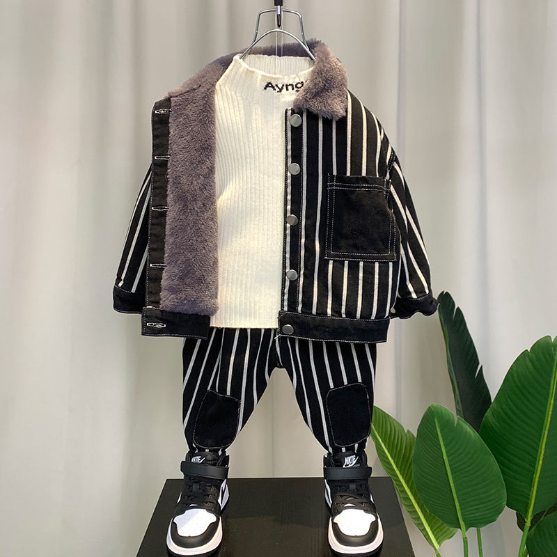 炸街男童冬装牛仔套装2023新款帅气男孩秋冬加绒儿童装两件套