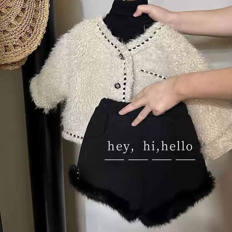童装KL女童冬季加厚加棉套装洋气儿童小香风外套黑色毛边短裤两件