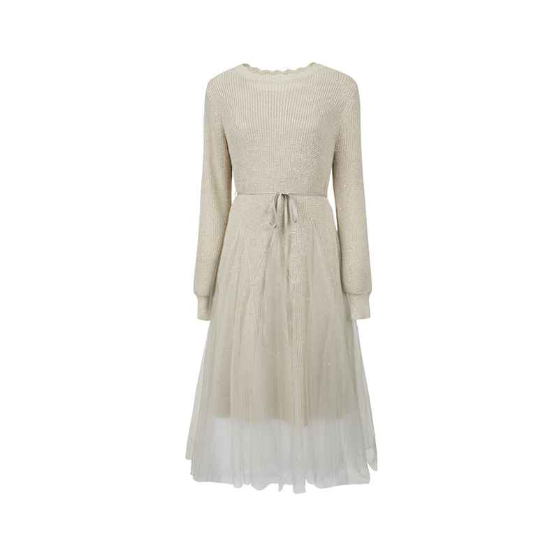 圣迪奥时尚轻奢长袖针织拼接新品女装连衣裙S223Z128M