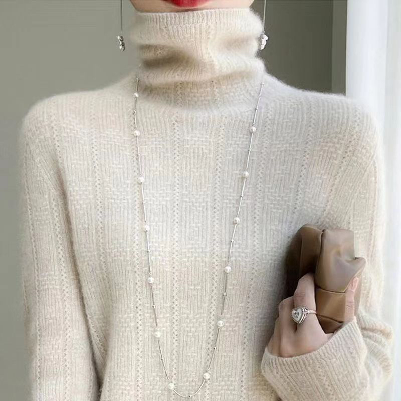 100%羊毛衫女堆堆领宽松毛衣秋季新款扭花高领纯色针织打底衫