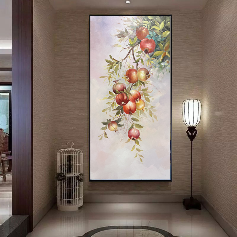 【石榴花红】手绘油画新中式客厅沙发背景墙画竖版装饰玄关画家居
