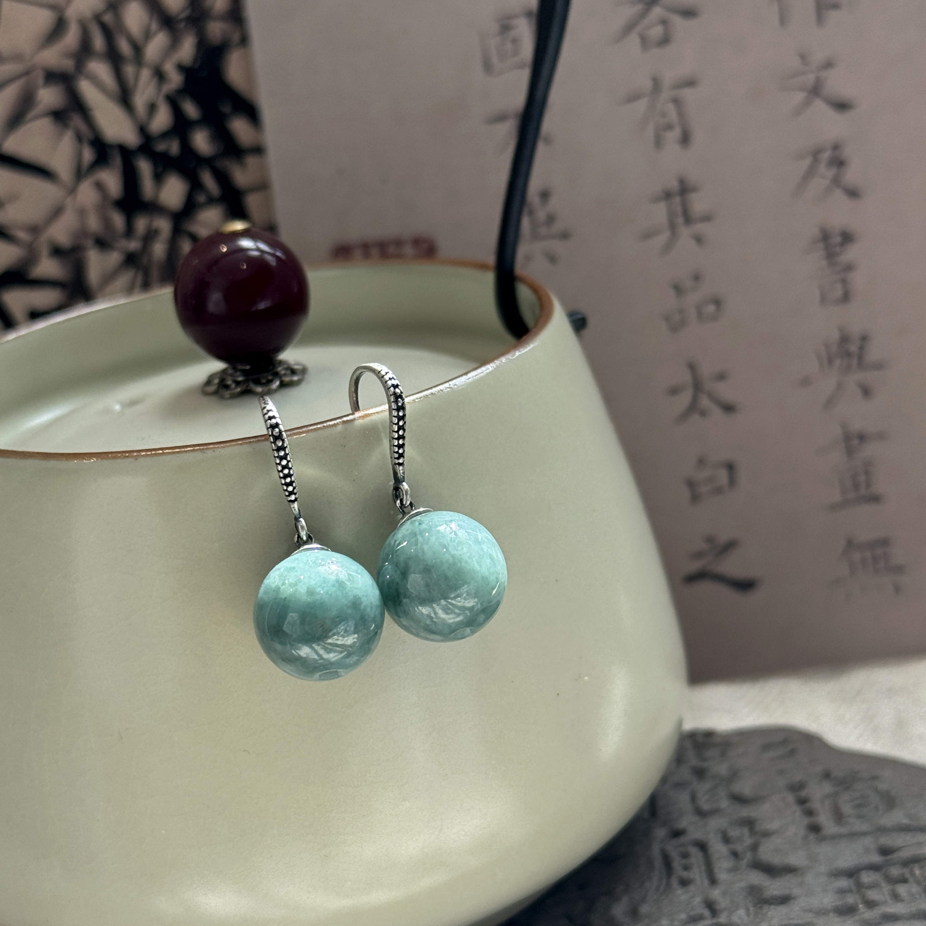 925银耳饰 E25207 七宝 绿色圆珠耳钩耳环