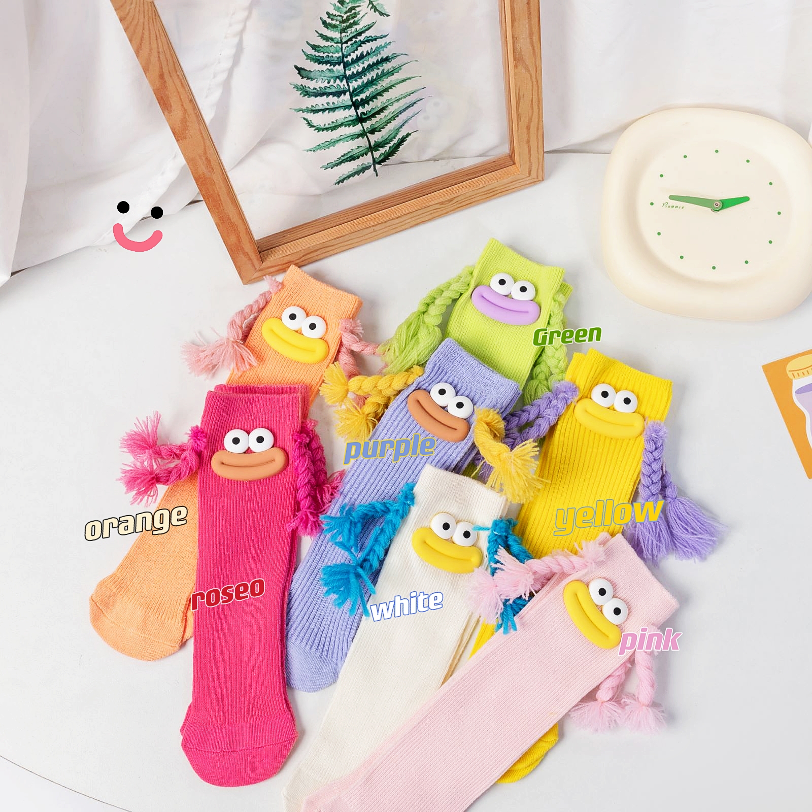 多巴胺童袜扎辫子香肠嘴长袜韩版丑娃娃撞色设计ins潮流外穿袜子