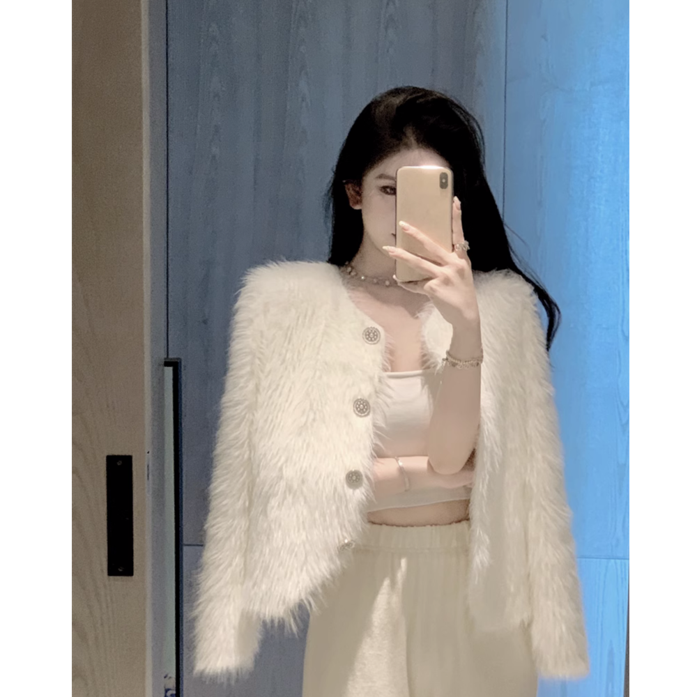 白色仿貂绒针织开衫女秋装2023新款小个子短款宽松高级感毛衣外套