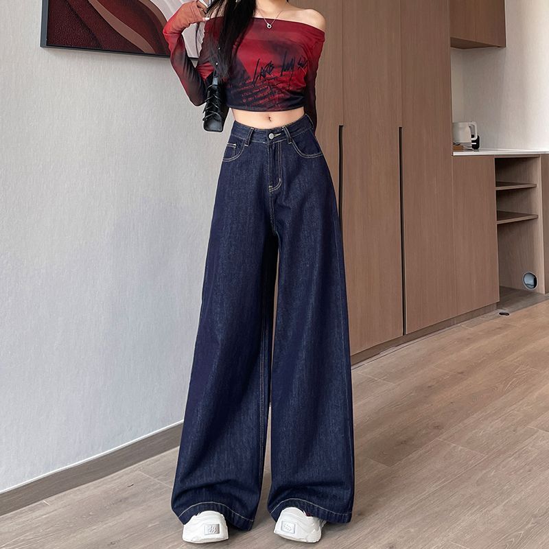 女装丹宁蓝厚料秋冬新款阔腿牛仔裤显瘦显高白搭遮肉