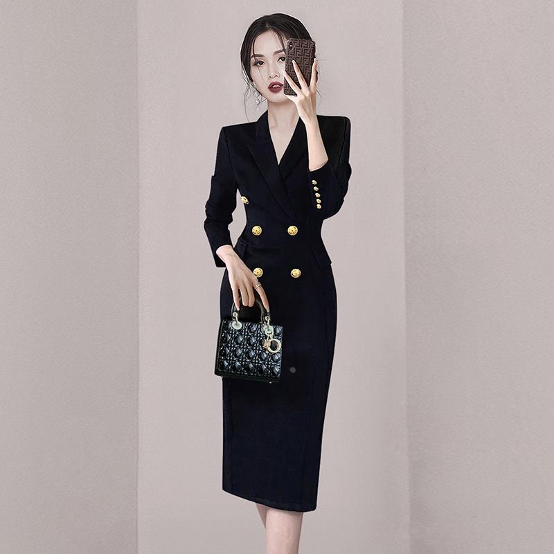 秋冬法式黑色气质中长款修身西装裙子职业女神范西服包臀连衣裙