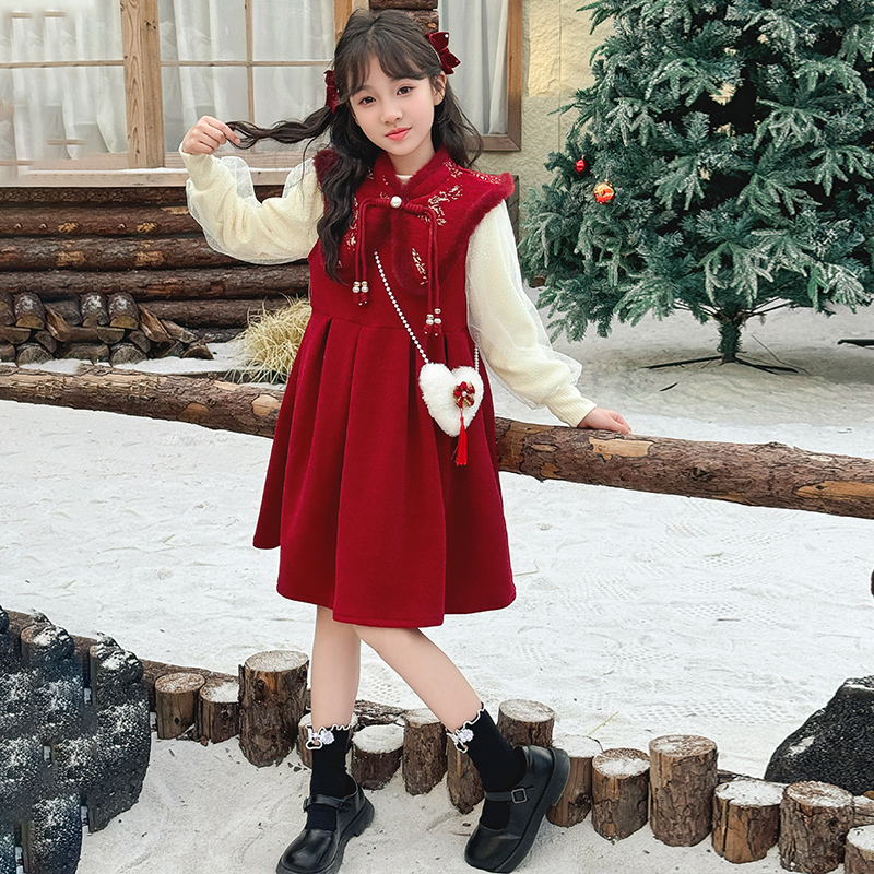 女童秋冬连衣裙2024新款洋气女孩公主裙冬装加绒裙子两件套拜年服