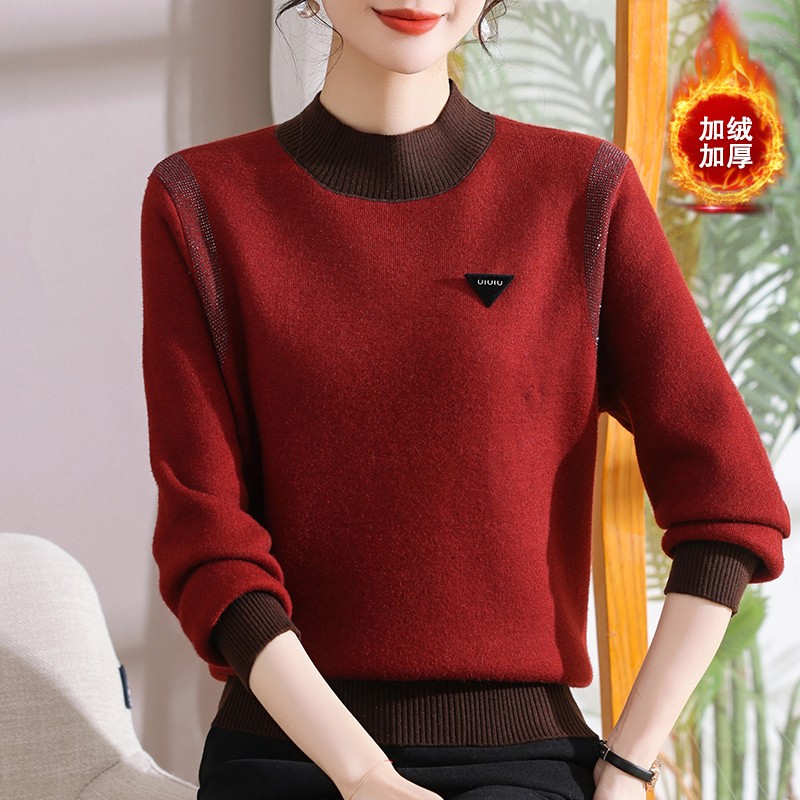 新款冬季加绒加厚时尚妈妈装针织一体绒保暖毛衣中年百搭洋气打底
