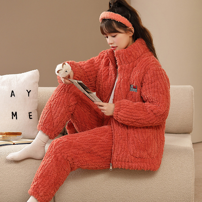 冬季珊瑚绒三层夹棉睡衣女加厚保暖加绒套装拉链法兰绒甜美家居服