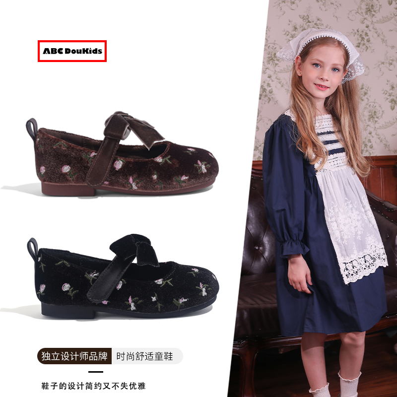 ABC Doukids女童皮鞋2025秋冬新款儿童时尚公主鞋刺绣小软底单鞋