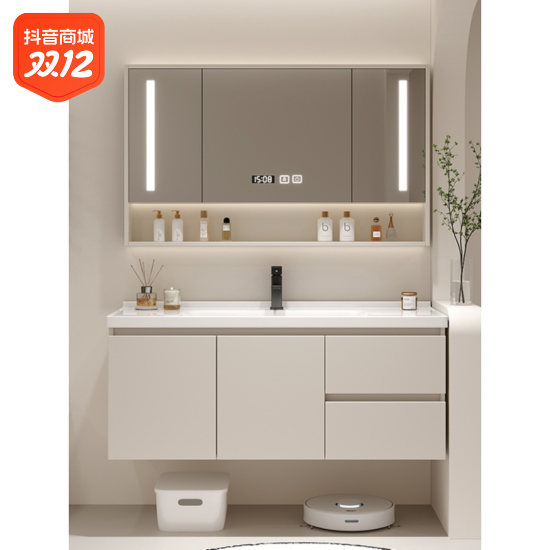 高品质奶油色浴室柜组合实木卫生间洗脸盆洗漱台家装陶瓷一体盆11