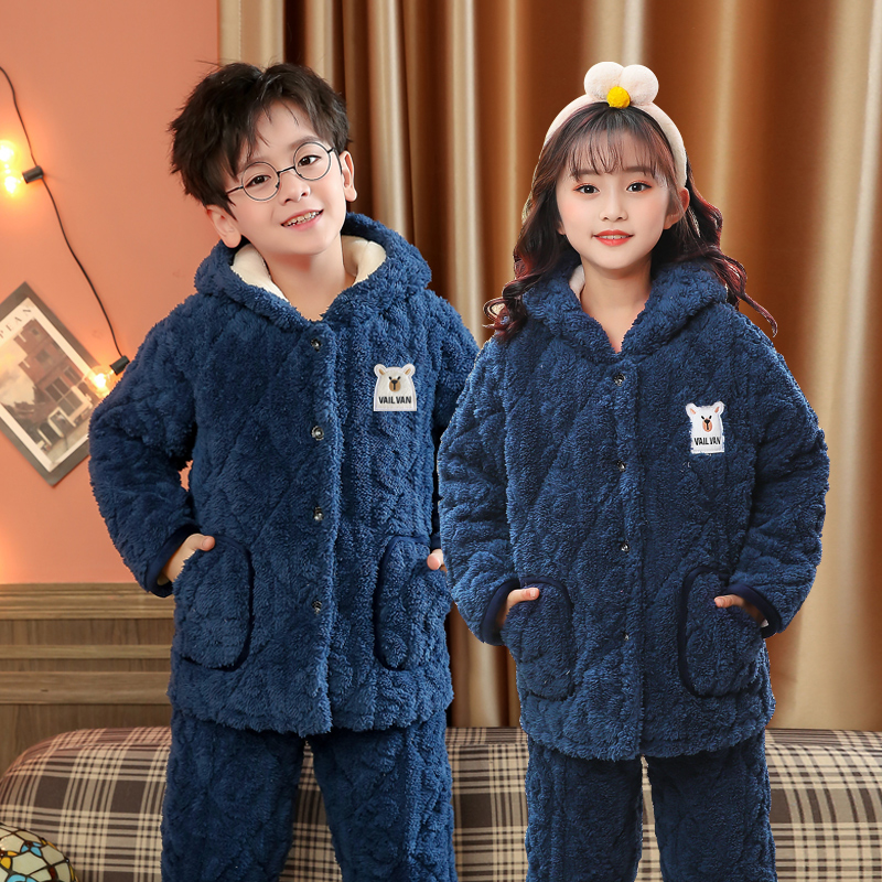 冬季儿童法兰绒睡衣加厚宝宝女童夹棉睡衣男童中大童珊瑚绒家居服