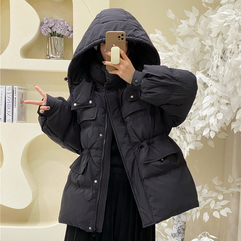 羽绒服新款2023新款韩系芋泥紫收腰羽绒服女中长款冬装白鸭