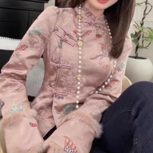 新中式立领盘扣下摆开叉斜长袖夹棉衬衫女装冬季新款气质百搭上衣