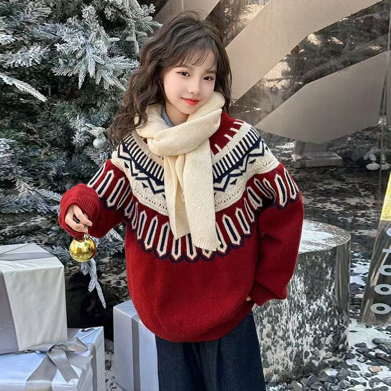 新款中大童秋冬加厚保暖韩版宽松针织毛衣女童圆领圣诞新年红毛衣