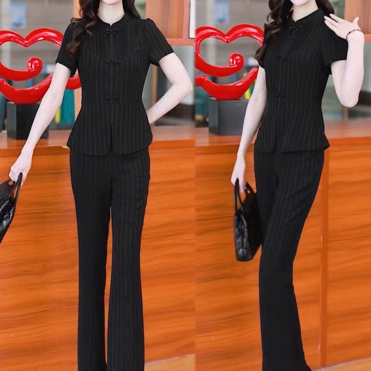 时尚短袖套装女2025夏季新款气质显瘦国风盘扣条纹上衣裤子两件套