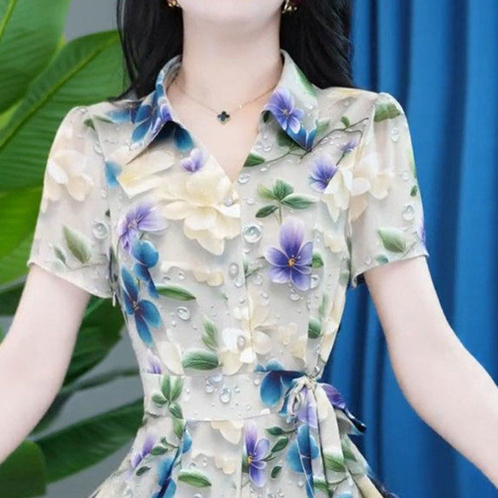 时尚短袖连衣裙女2026年夏季新款气质收腰显瘦中长款印花休闲裙子